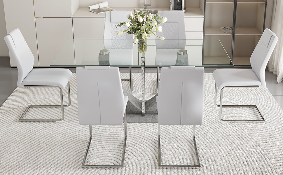 Table And Chair Set, Large Modern Rectangular Glass Table, Can Accommodate 6 8 People, Equipped With A 0.39 Inch Tempered Glass Tabletop And Large Mdf Table Legs, Comfortable And Soft Chairs. Transparent Glass