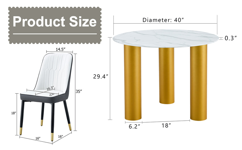 Table And Chair Set, Round Table With White Marble Pattern, Gold Mdf Table Legs, Soft And Comfortable Dining Chair, Suitable For Kitchen And Living Room White Mdf