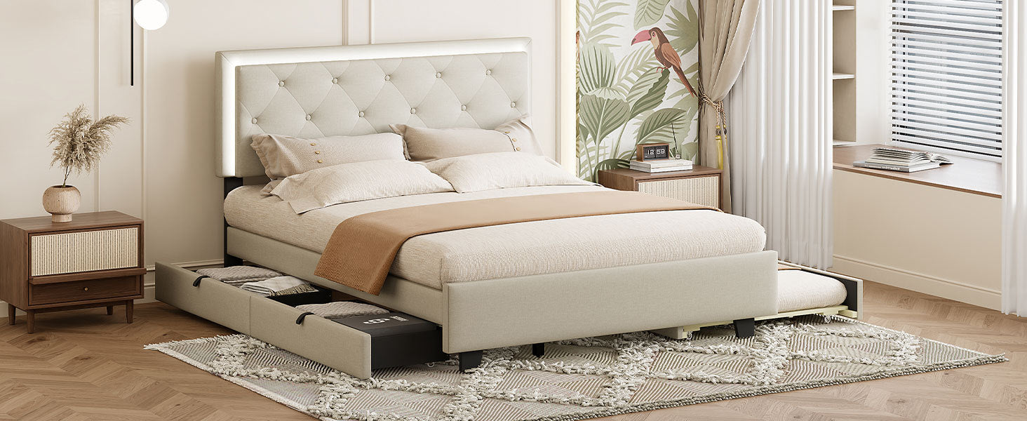 Queen Size Velvet Storage Platform Bed, With 2 Big Drawers, Twin Xl Size Trundle And Led Light, Beige Beige Velvet