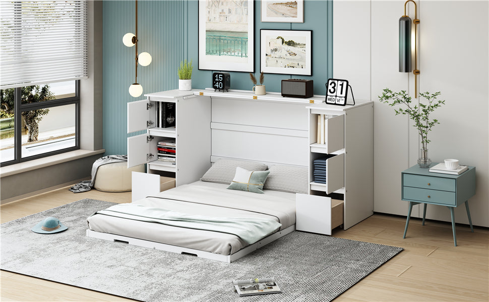 Full Size Murphy Bed With Drawers, Cabinets And Usb Ports,White Full White Mdf Lvl