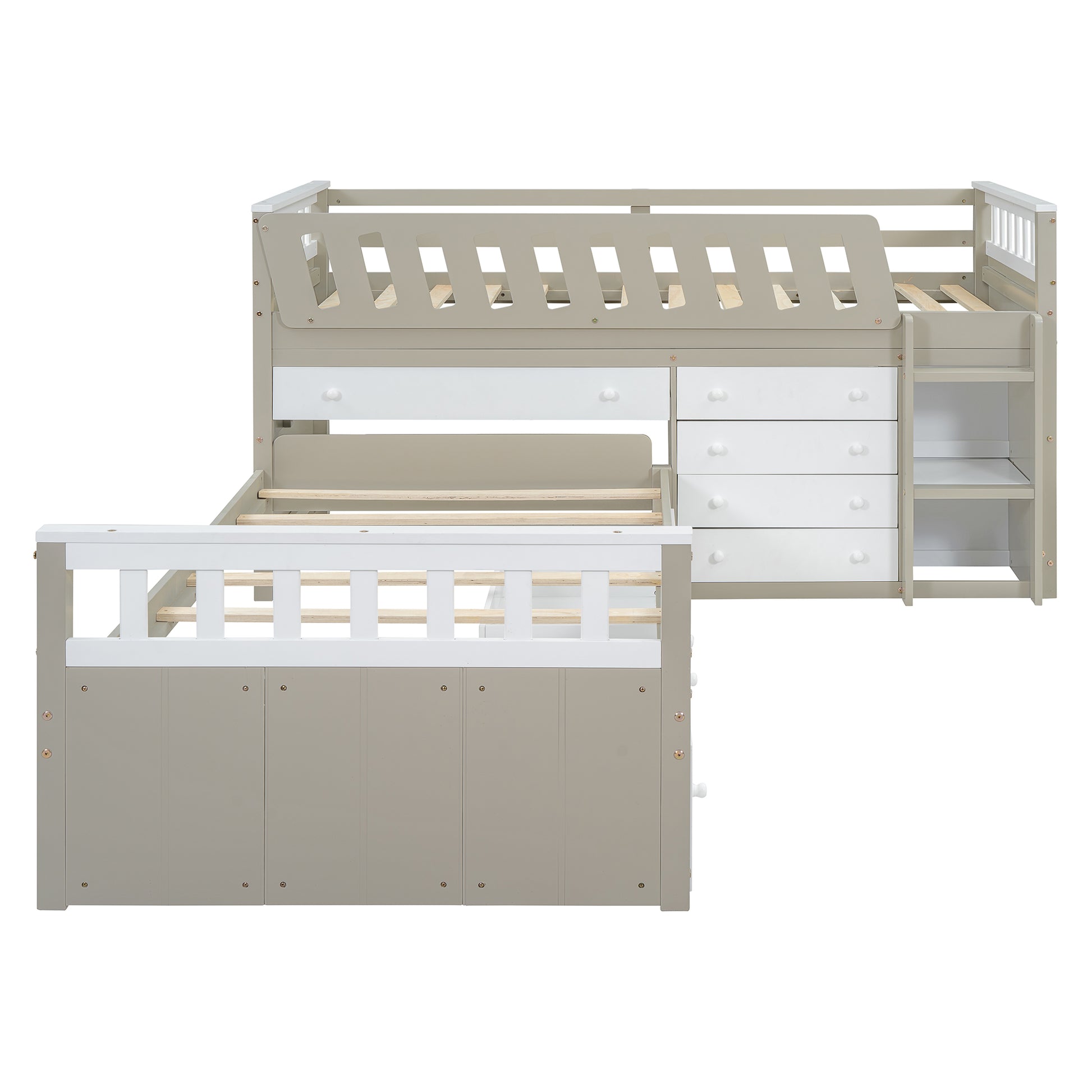 L Shaped Space Saving Twin Loft And Twin Platform Bed With 7 Drawers And Full Guardrails White Light Brown Twin Brown White Solid Wood