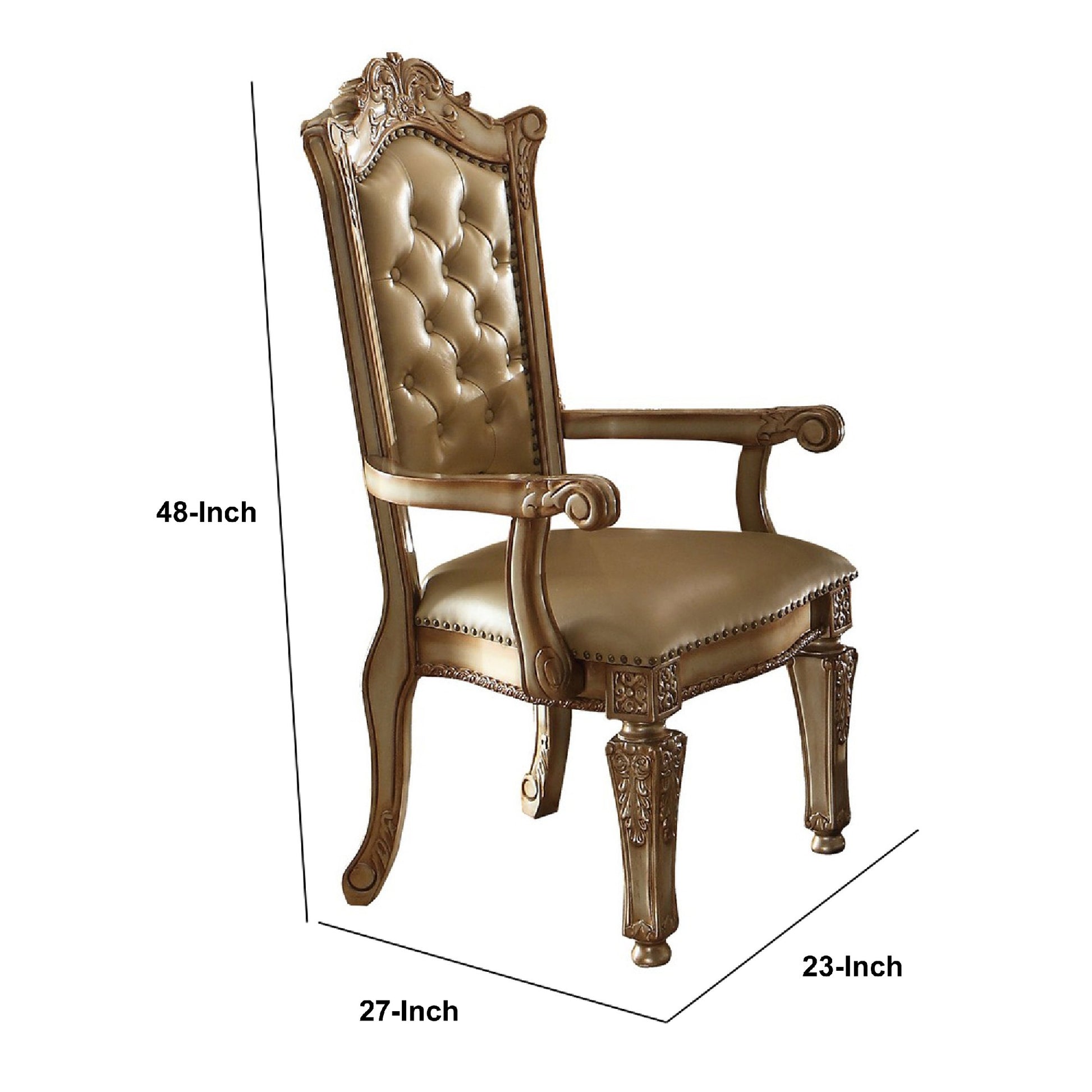 27 Inch Wood Dining Side Chair, Faux Leather, Set Of 2, Gold Gold Wood Fabric