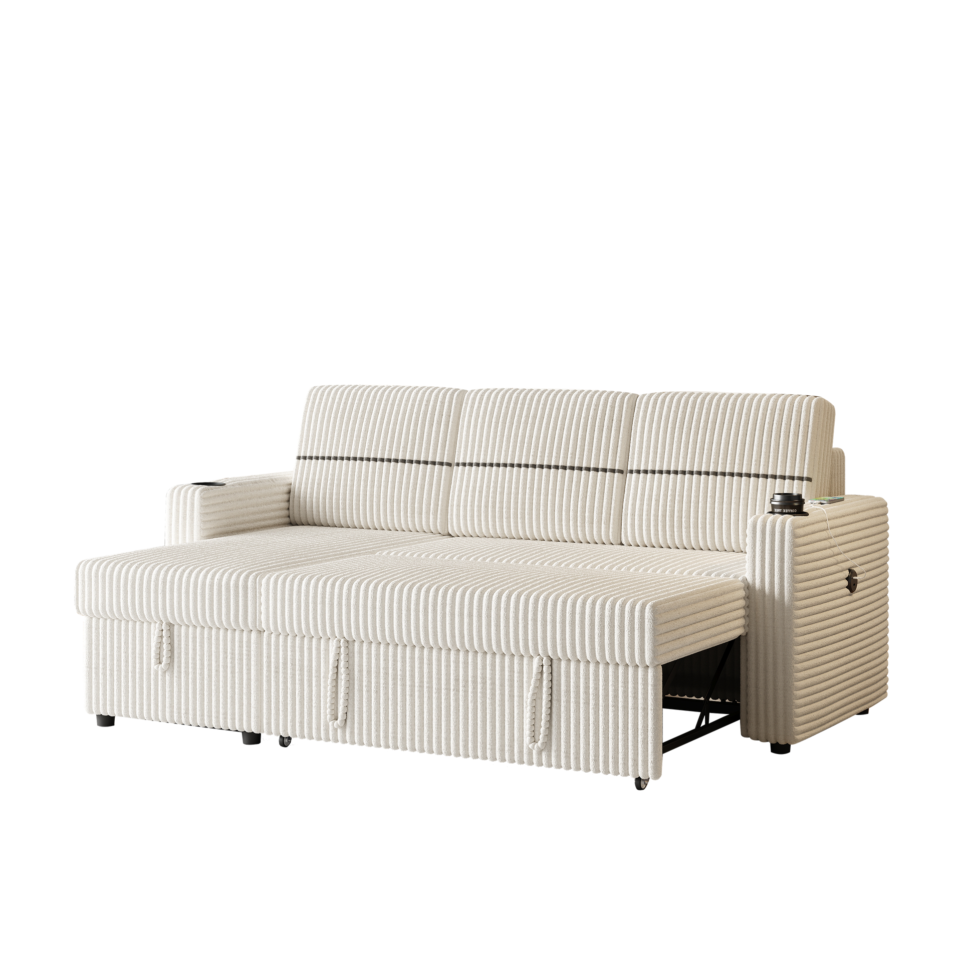 85 Inches Corduroy Sofa Bed, 3 Seater Sleeper Sofa With Storage Chaise, Square Handrail With Two Cup Holder And Usb Charge Port, Pull Out Couch For Living Room Beige Corduroy 3 Seat