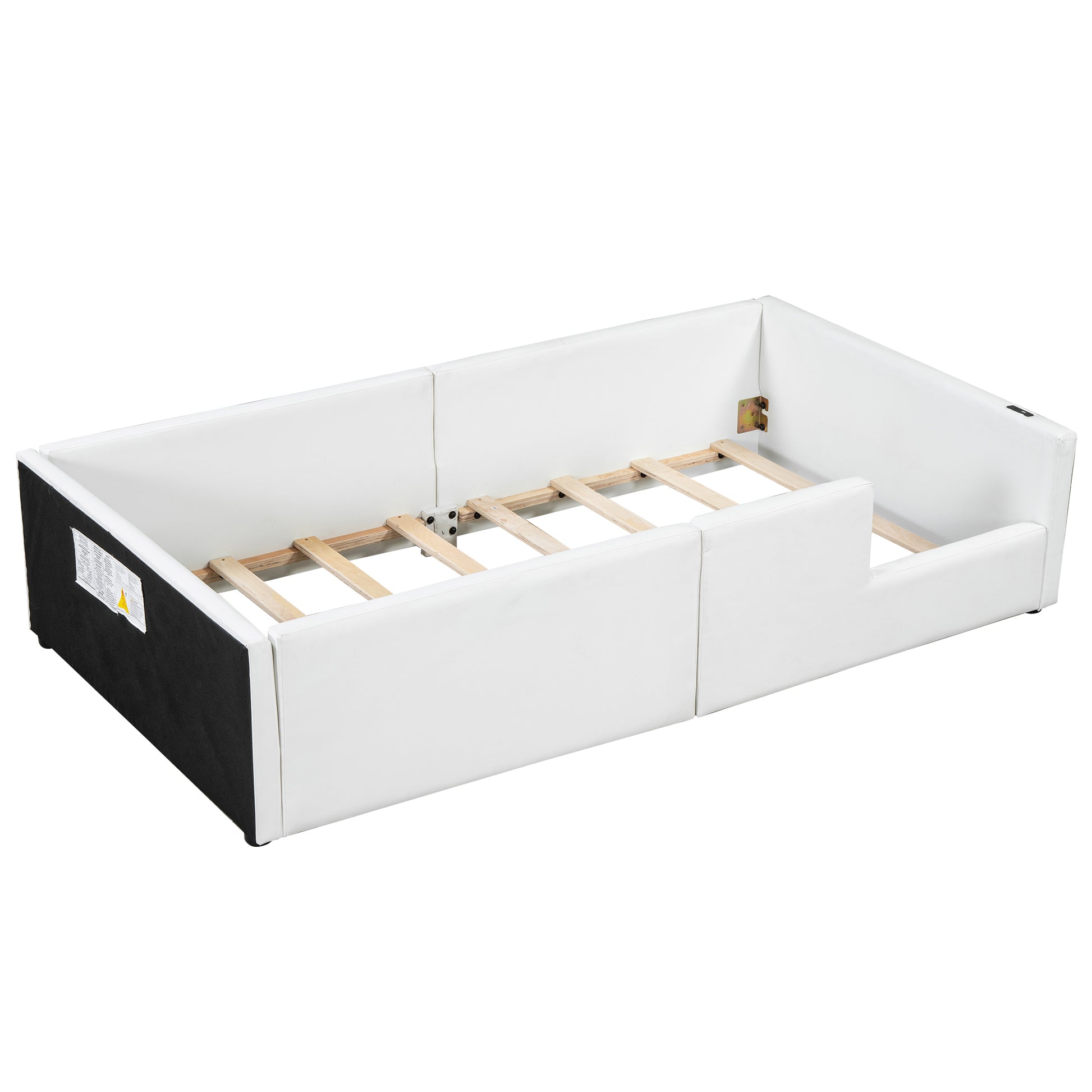 Twin Size Upholstered Platform Bed With Guardrail And Charging Station, White Box Spring Not Required Twin White Upholstered