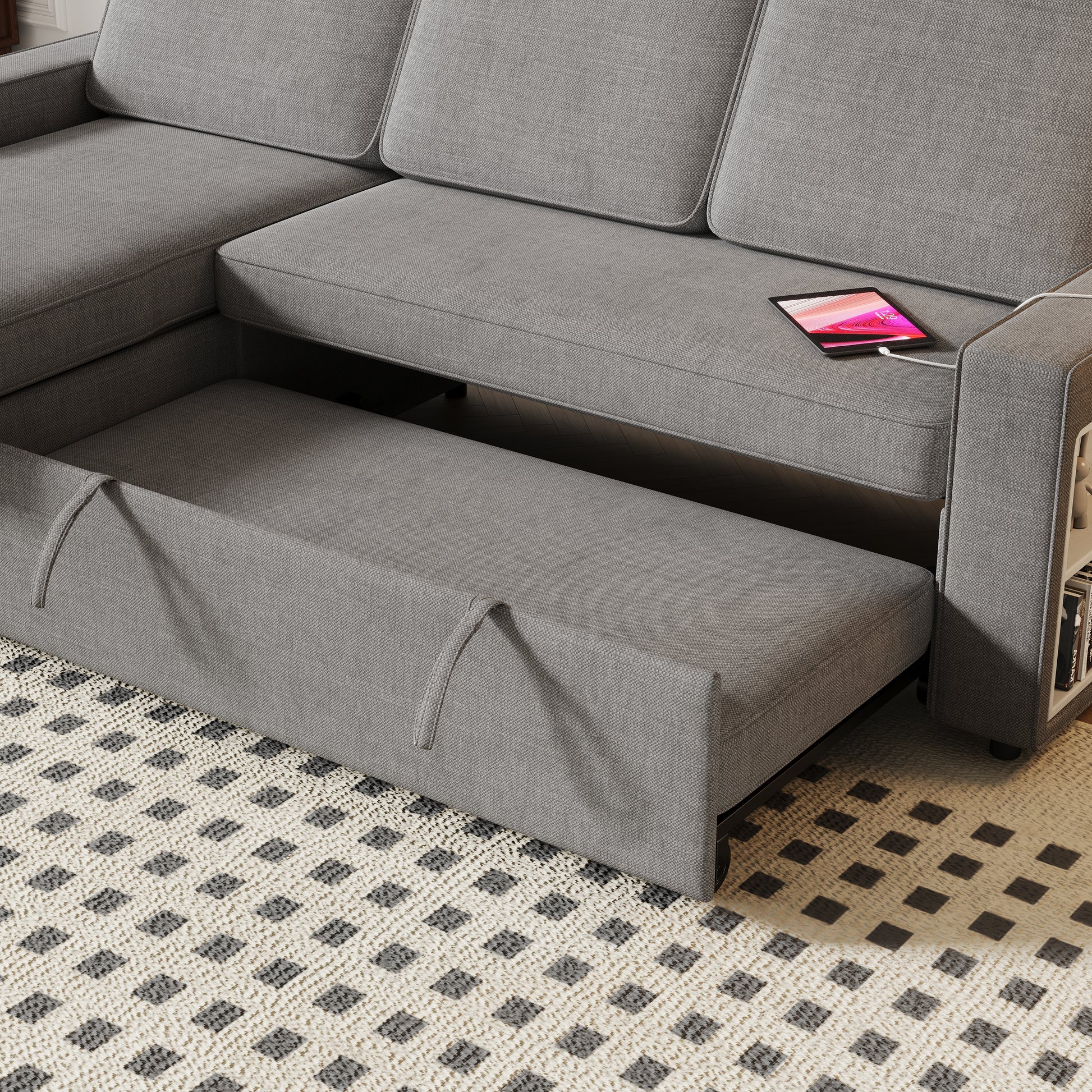 85.8" Pull Out Sleeper Sofa L Shaped Couch Convertible Sofa Bed With Storage Chaise And Storage Racks,With Usb Port And T Pyce Port Dark Grey Fabric 3 Seat