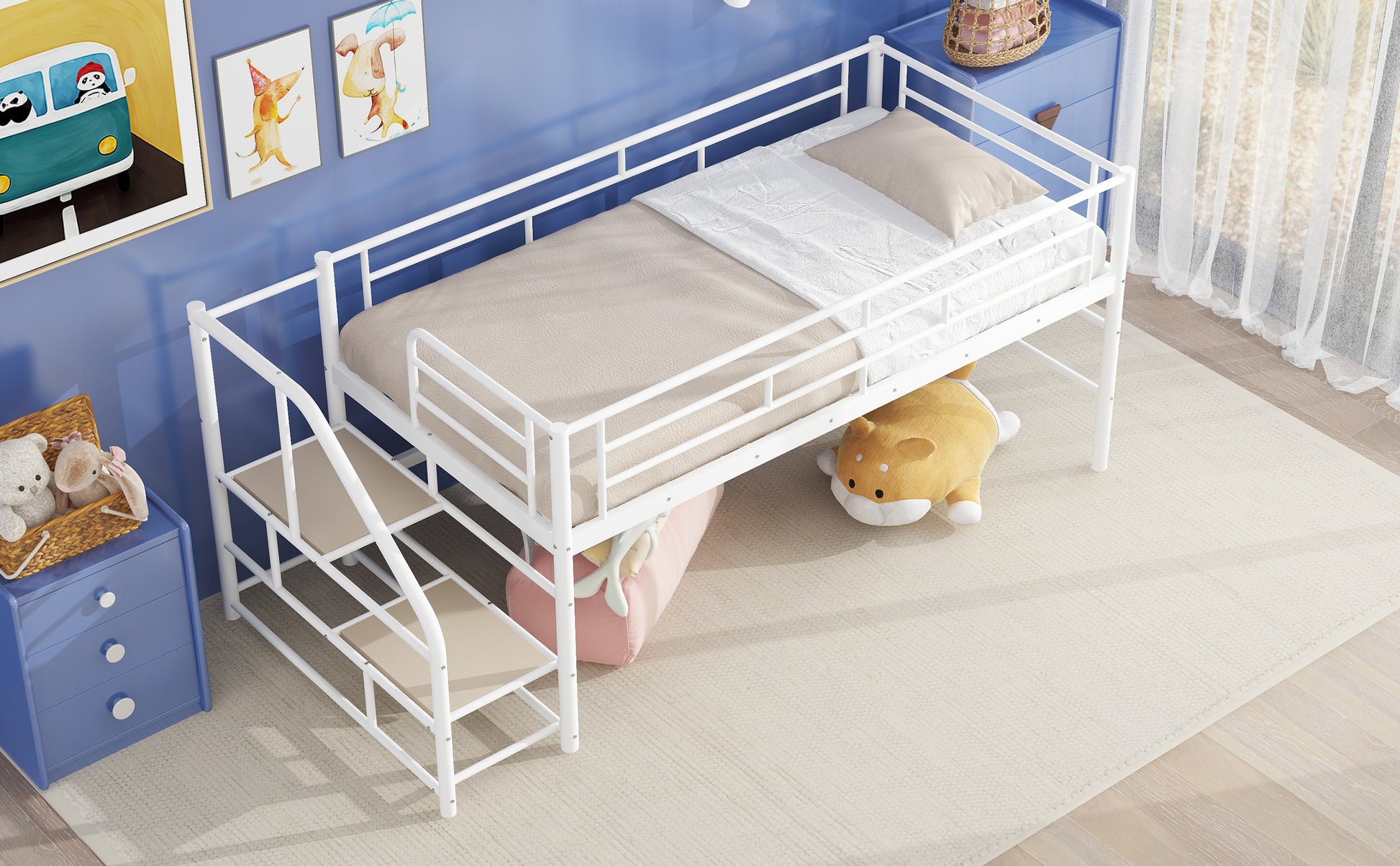 Mid Loft Bed With Storage Stairs, Twin, White Twin White Mdf Metal
