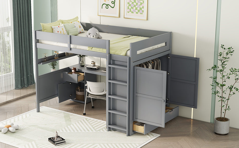 Full Size Wooden Loft Bed With Wardrobe, Desk, Drawers, Shelves, Gray Full Gray Plywood