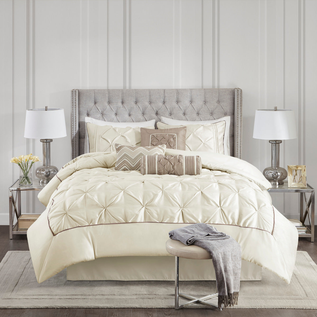 7 Piece Tufted Comforter Set Ivory King King Ivory Polyester