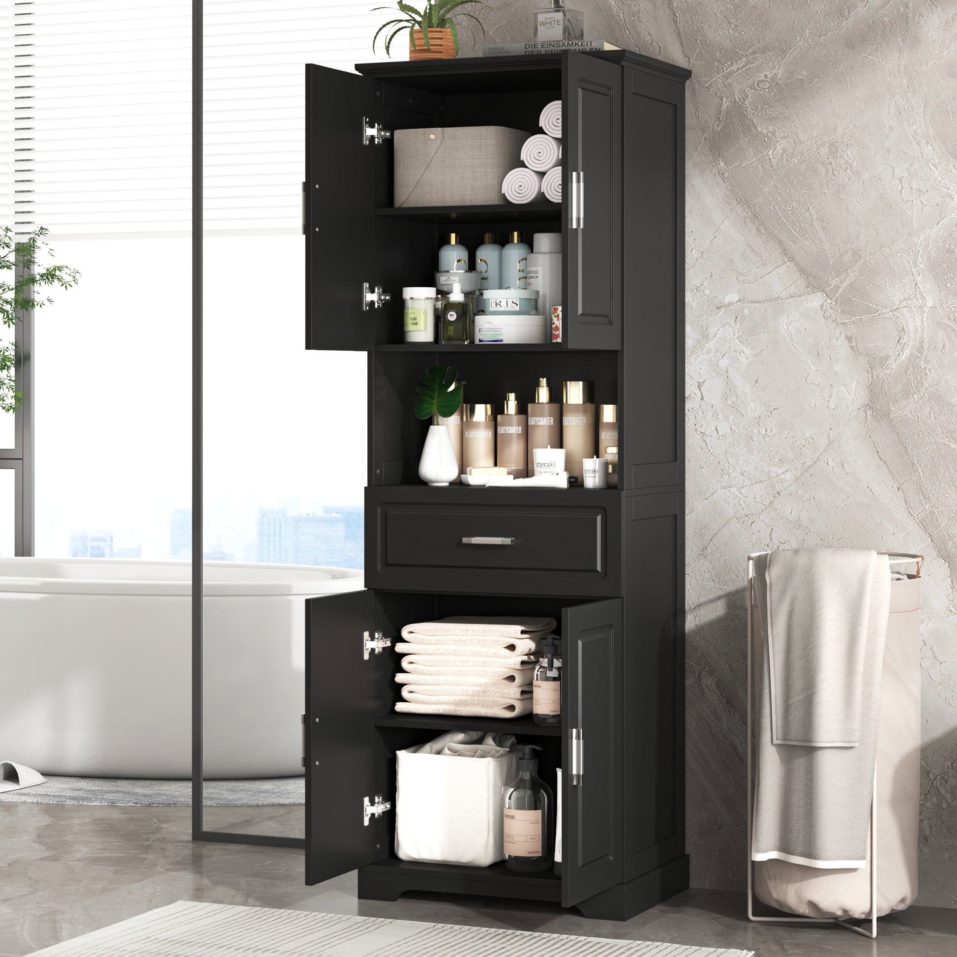 Tall Bathroom Cabinet With Four Doors, Large Storage Space Open Shelve, Upper Storage Cabinet, Black Black Mdf