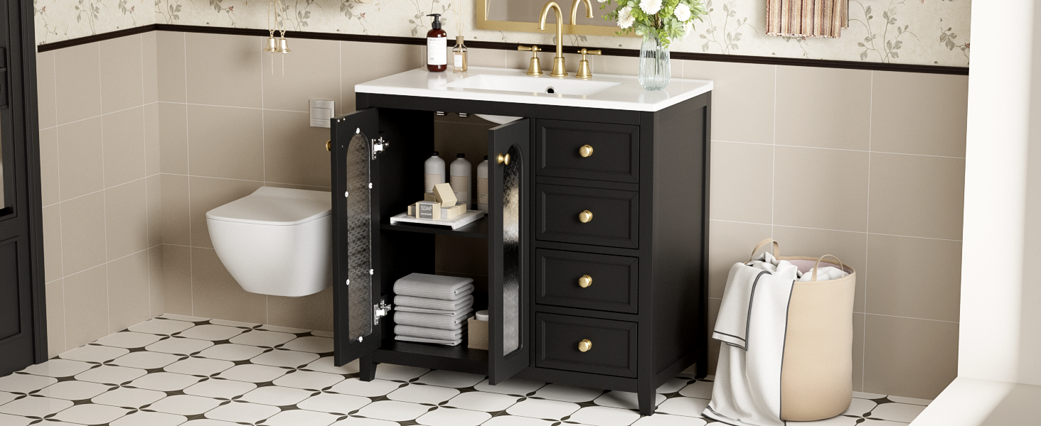 36 Inch Bathroom Vanity With Two Soft Close Doors, Adjustable Shelves And Three Soft Close Drawers Black Bathroom Solid Wood Mdf