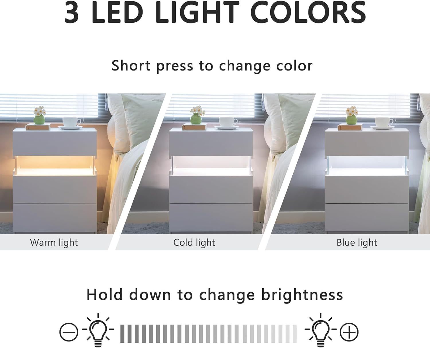 Led Nightstands 3 Drawer Dresser For Bedroom End Table With Acrylic Board Led Bedside Tables For Bedroom Living Room Bedside Furniture White White 3 Drawers Bedroom American Design,American Traditional,Boho,Classic Storage Engineered Wood