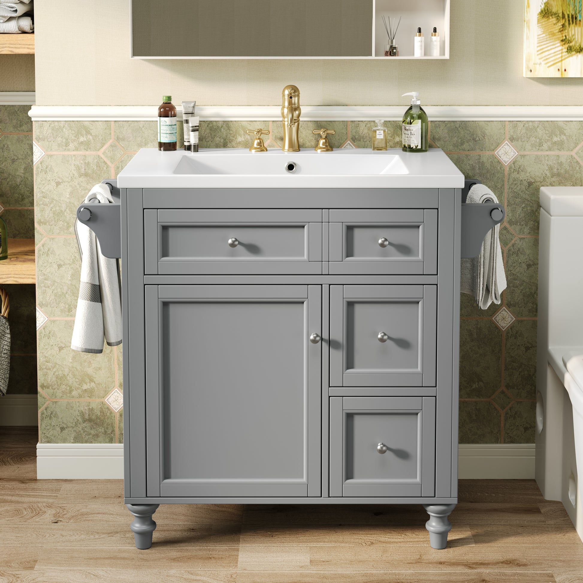 30'' Bathroom Vanity With Top Sink, Modern Bathroom Storage Cabinet With 2 Drawers And A Tip Out Drawer, Single Sink Bathroom Vanity Same As N710S130001E Grey Bathroom Modern Solid Wood Mdf Resin
