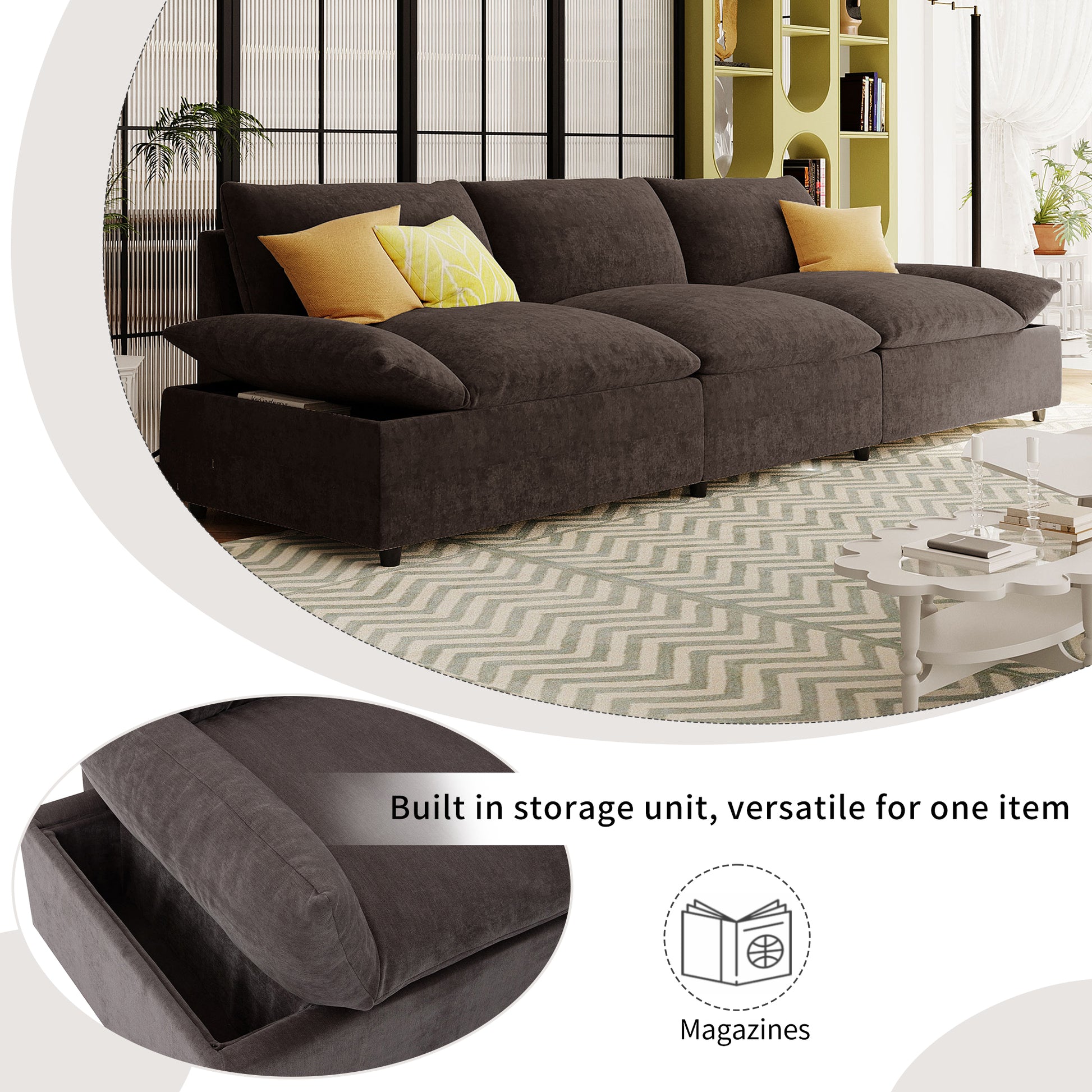 119.5'' 3 Seater Sofa With 2 Storage Unitsfor Living Room, Office, Apartment Gray Polyester 3 Seat