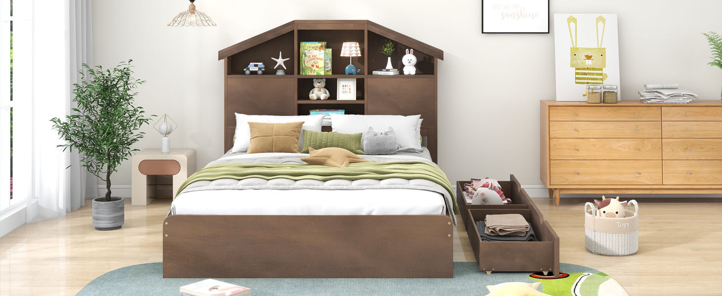 Full Size Wood Platform Bed With House Shaped Storage Headboard And 2 Drawers, Walnut Box Spring Not Required Full Walnut Wood Bedroom Solid Wood Mdf