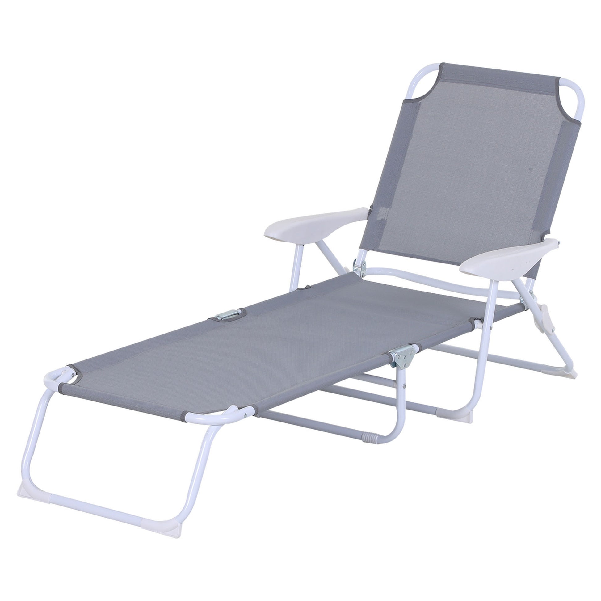 Outsunny Folding Chaise Lounge, Outdoor Sun Tanning Chair, 4 Position Reclining Back, Armrests, Metal Frame And Mesh Fabric For Beach, Yard, Patio, Gray Grey Metal