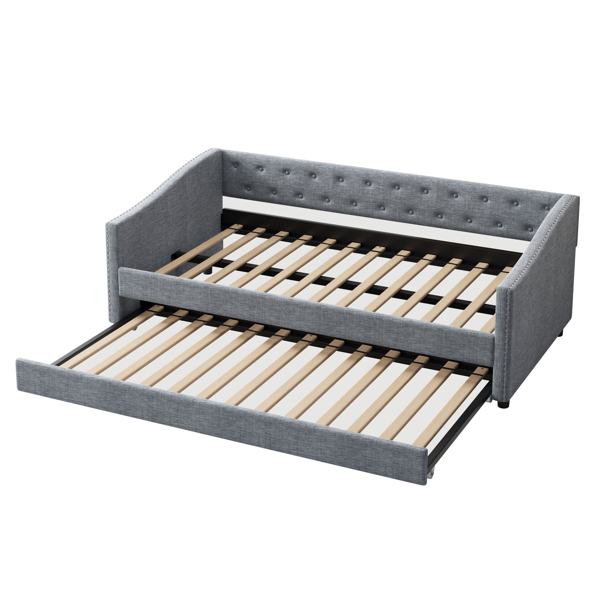 Twin Size Daybed With Twin Size Trundle Upholstered Tufted Sofa Bed, With Button On Back And Copper Nail On Waved Shape Arms Light Grey Twin Light Grey Wood Fabric