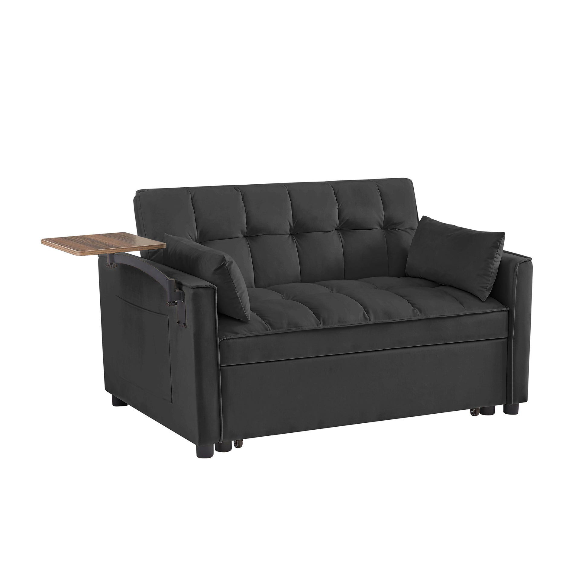 Black Velvet Loveseat Sofa Bed Black Wood Tufted Back Square Arms Foam Velvet 2 Seat