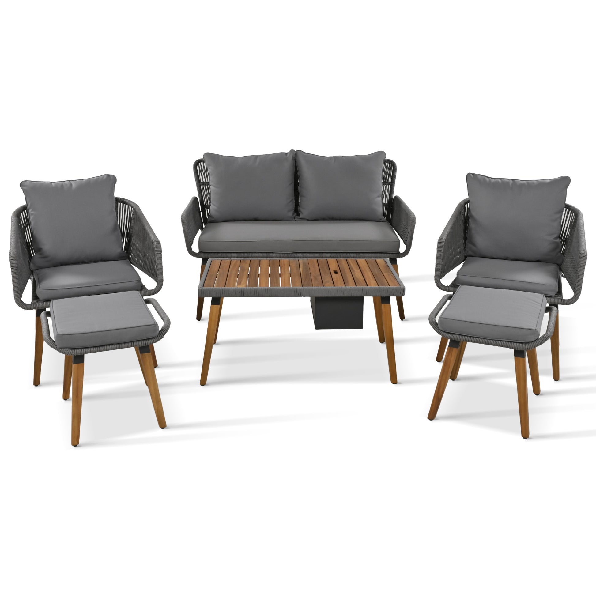 K&K 6 Piece Rope Patio Furniture Set, Outdoor Furniture With Acacia Wood Cool Bar Table With Ice Bucketdeep Seat Patio Conversation Set With Two Stools For Backyard Porch Balcony Grey Yes Complete Patio Set Grey Weather Resistant Frame Fade Resistant