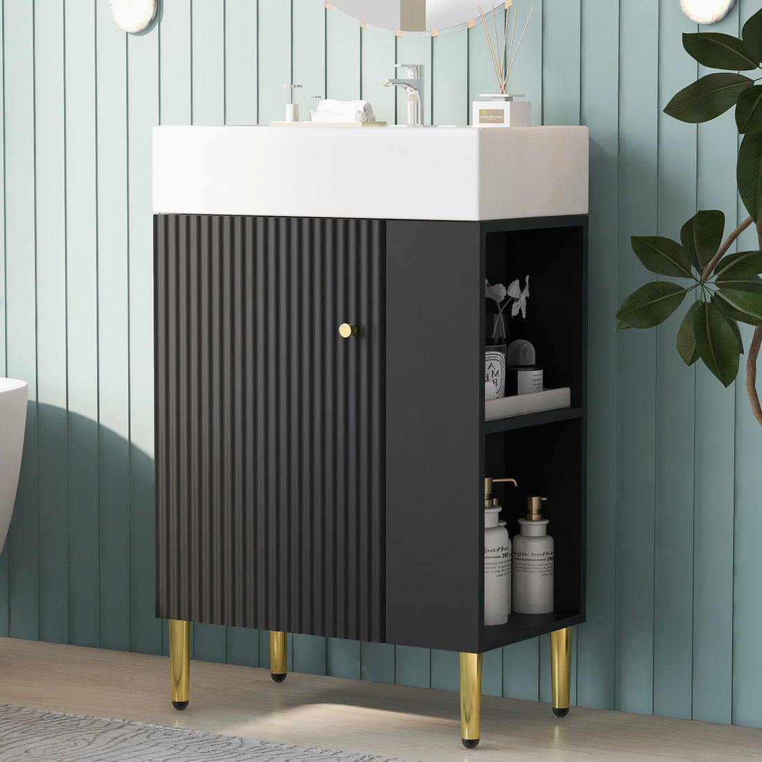 21.6" Black Bathroom Vanity, Combo Cabinet, Bathroom Storage Cabinet, Single Ceramic Sink, Right Side Storage Black Bathroom Ceramic Mdf