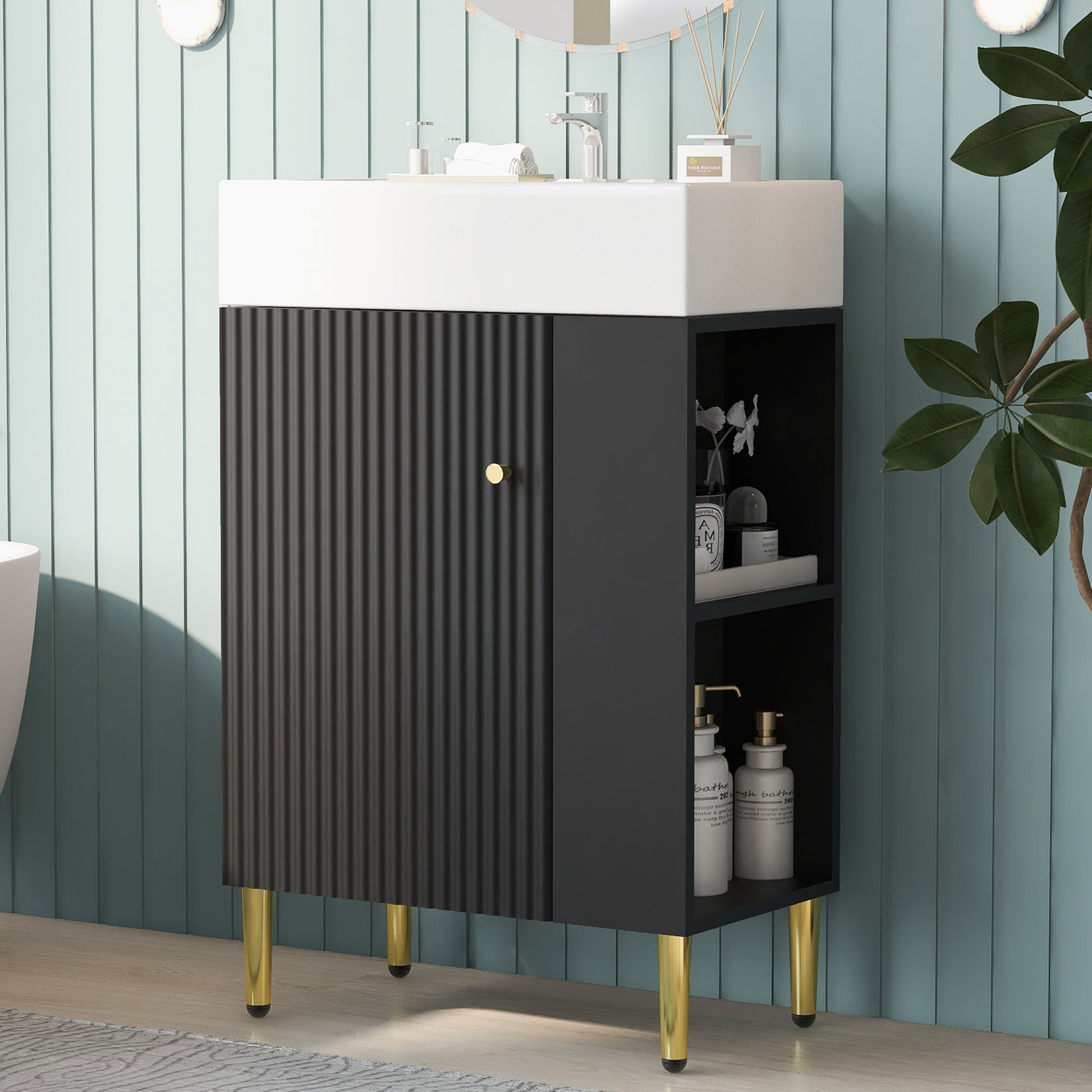 21.6" Black Bathroom Vanity, Combo Cabinet, Bathroom Storage Cabinet, Single Ceramic Sink, Right Side Storage Black Bathroom Ceramic Mdf