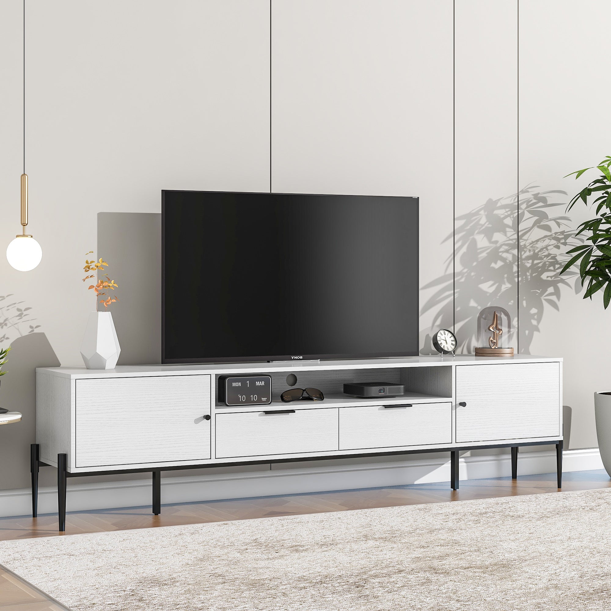 Modern Tv Console, Entertainment Center With Storage For Living Room 70.86X15.74X21.85Inch 5 Or More Spaces White Primary Living Space Particle Board