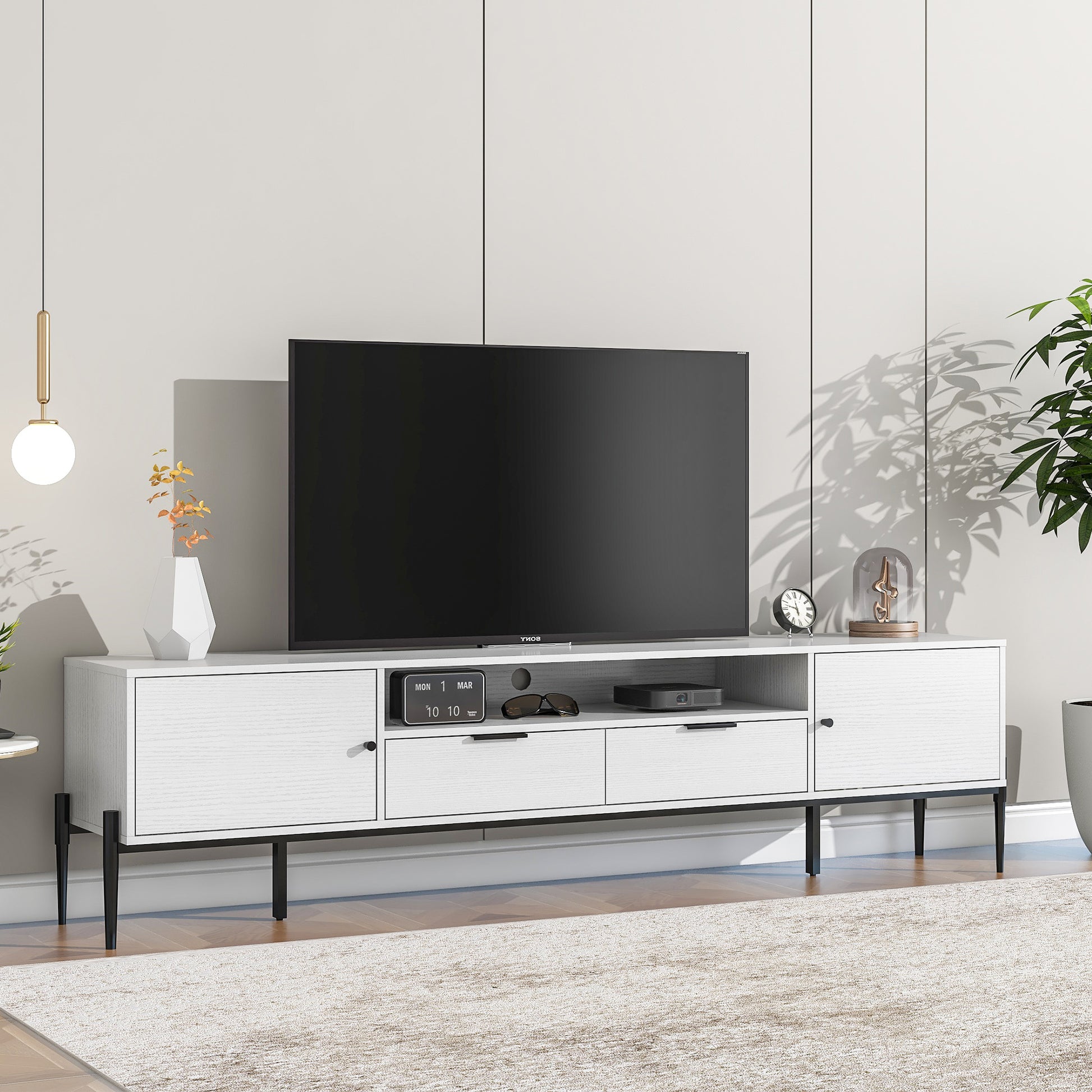 Modern Tv Console, Entertainment Center With Storage For Living Room 70.86X15.74X21.85Inch 5 Or More Spaces White Primary Living Space Particle Board