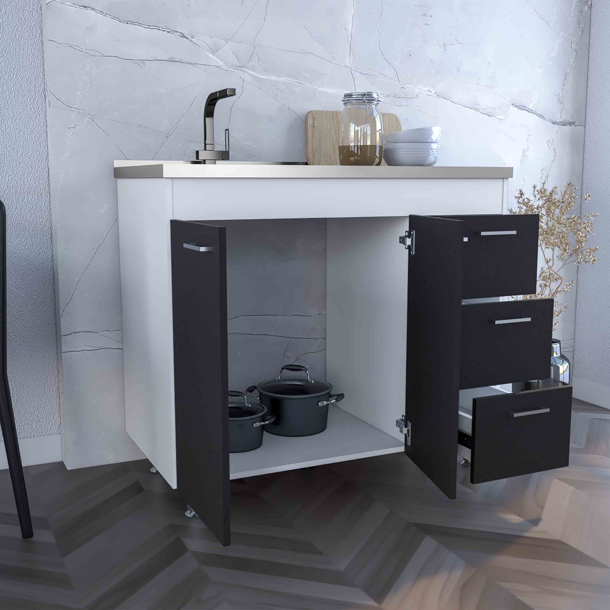 Base Double Door Cabinet, Three Drawers, White Black Multicolor Solid Wood Mdf Engineered Wood