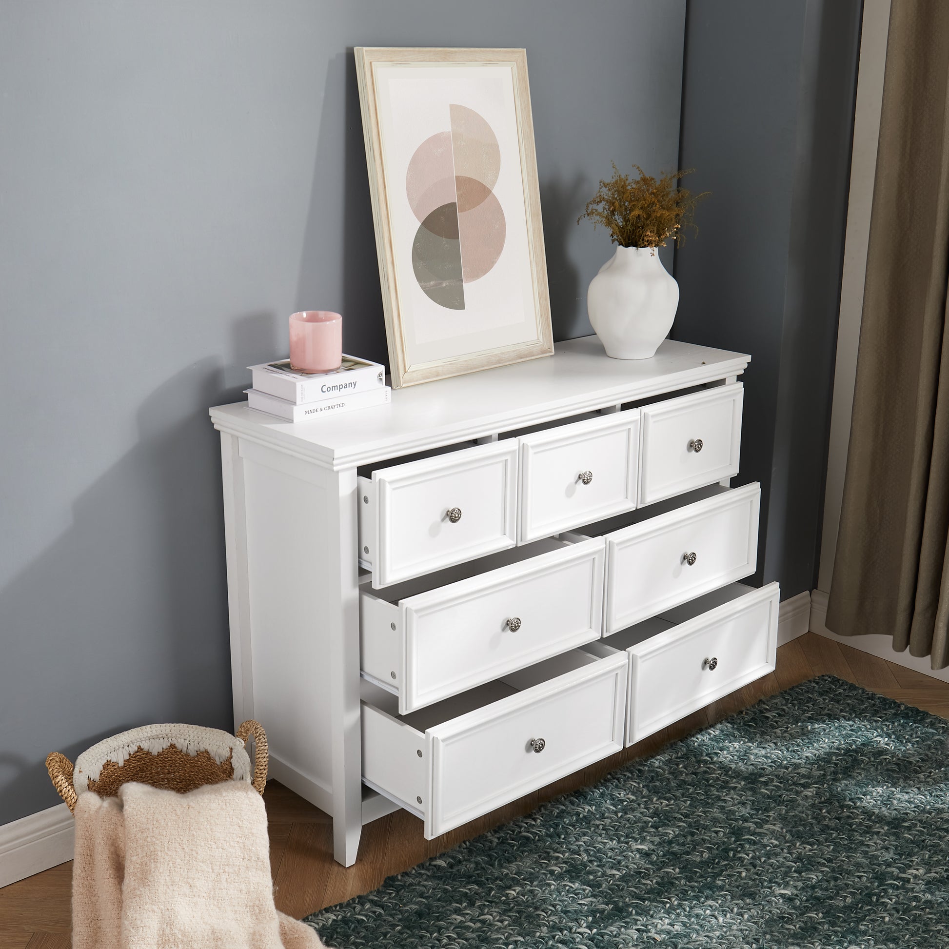 Modern 7 Drawers Dresser 7 Drawers Cabinet,Chest Of Drawers Closet Organizers And Storage Clothes Storage Drawers Cabinet For Living Room, Farmhouse Dresser Organizer White White Mdf