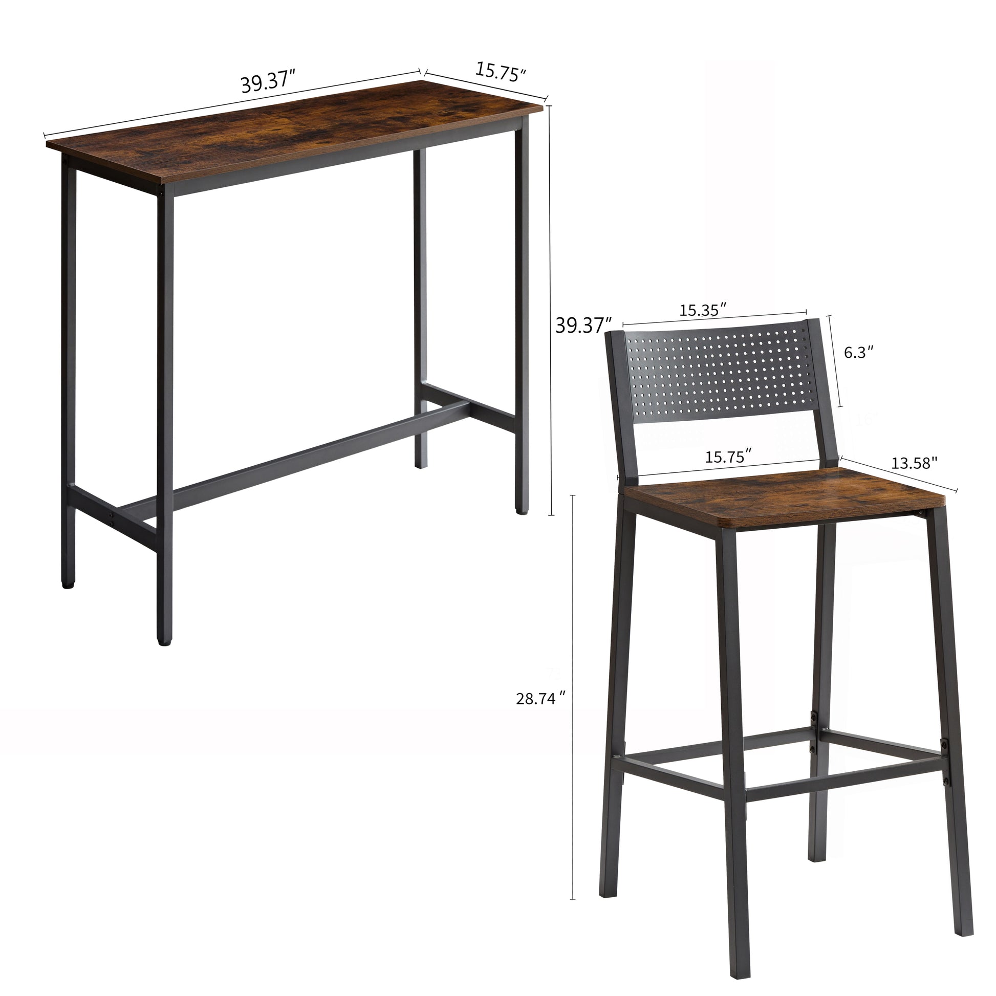 Bar Stool And Bar Three Piece Set, Industrial Style Bar Stool With Backrest, Iron Wood Structure Furniture, Suitable For Bars, Kitchens, Restaurants. Antique Brown Dining Room Antique,European,Industrial,Mid Century Modern,Minimalist Particle Board