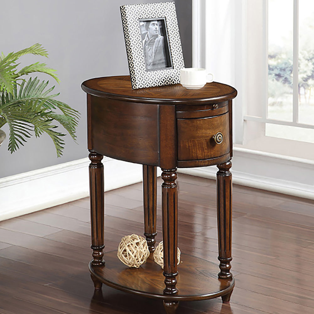 Dark Oak Accent Table With Bottom Shelf Dark Oak Primary Living Space Freestanding Rubberwood Oval Drawers Coffee & End Tables Oval Wood H Shape