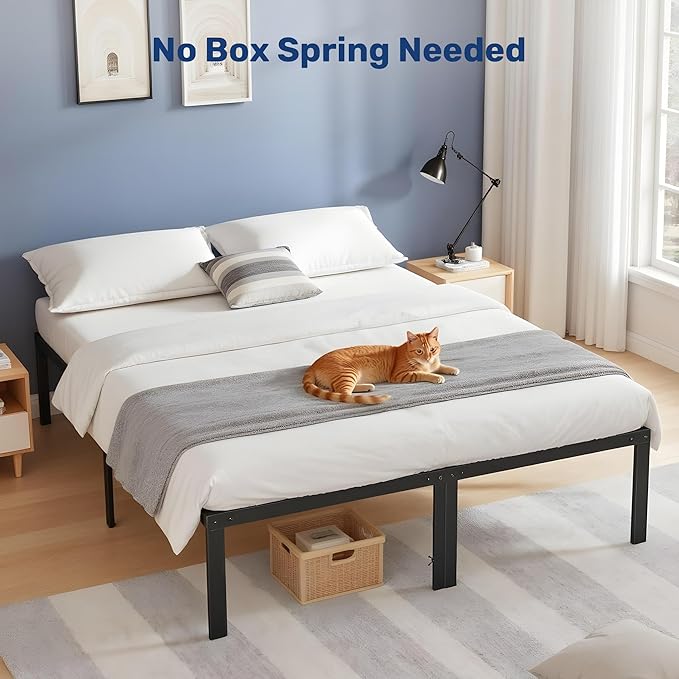 Full Size Bed Frame, 14 Inch Platform Bed No Box Spring Needed, Sturdy Metal Bed Frame Full Size, Storage Space Under The Bed Heavy Duty Frame Bed, Black Black Metal