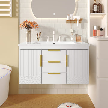 36'' Wall Mounted Bathroom Vanity With Resin Sink, Floating Bathroom Storage Cabinet With 2 Drawers, Solid Wood Bathroom Cabinet White Bathroom Modern Mdf