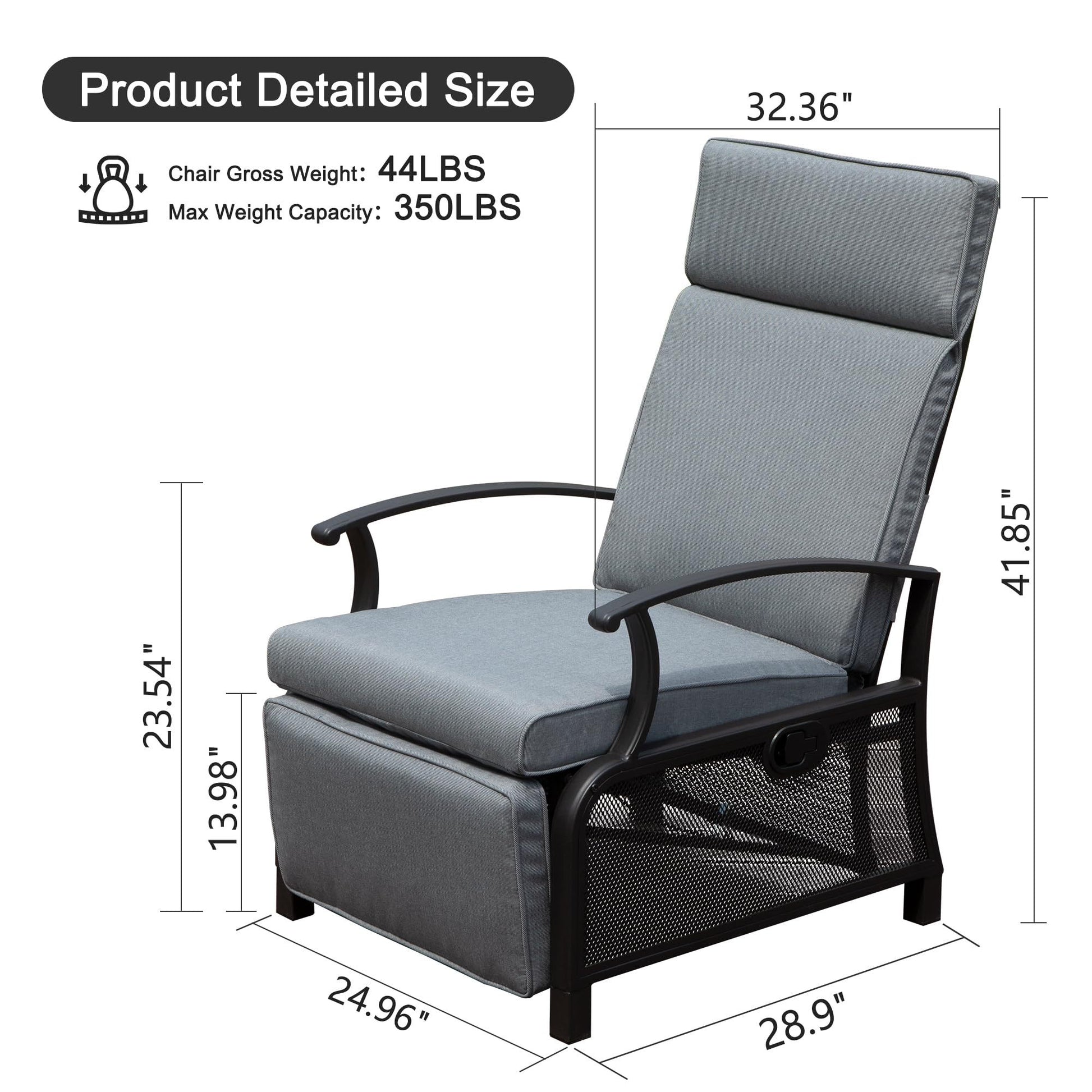 Adjustable Patio Recliner Chair Metal Outdoor Lounge Chair With Flip Table Push Back, Adjustable Angle, 6.8'' Removable Cushions, Support 350Lbs,Gray Yes Gray Garden & Outdoor Metal