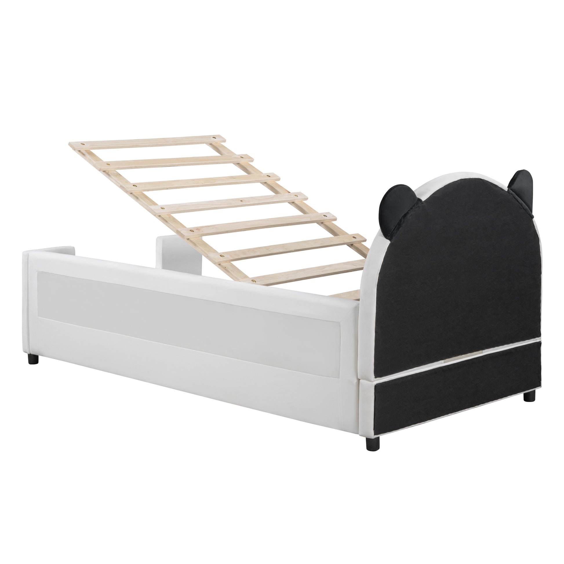 Twin Size Upholstered Daybed With Bear Shaped Headboard, Hydraulic System Andmesh Fence, White White Velvet