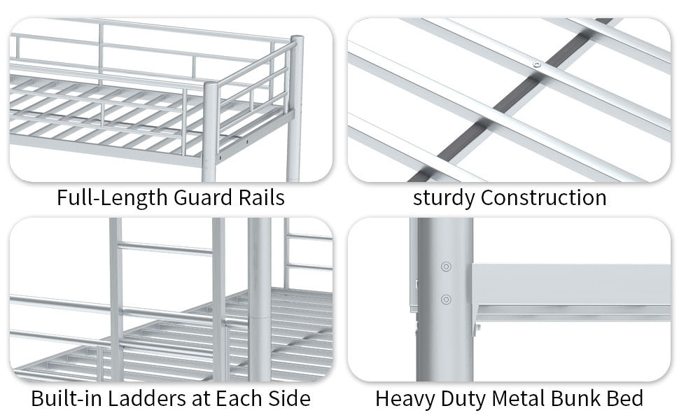 Heavy Duty Sturdy Meta Twin Over Twin With Trundle Bunk Bed L Noise Reduced Safety Guardrail No Box Spring Needed,Gray Silver Twin Gray Silver Metal