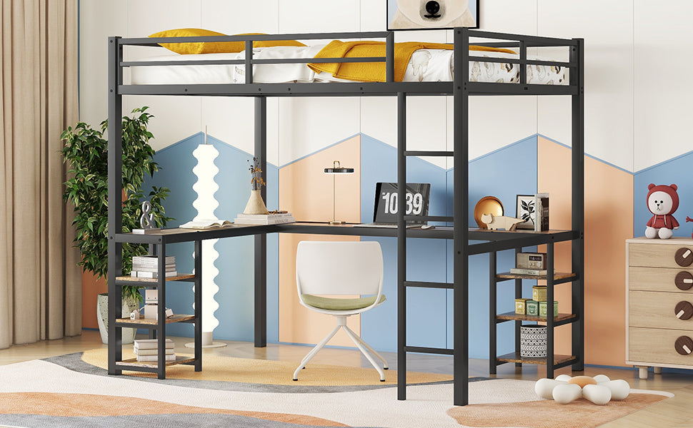 Full Xl Metal Loft Bed With Desk And Shelves, Loft Bed With Ladder And Guardrails, Loft Bed Frame For Bedroom, Black Full Xl Black Metal