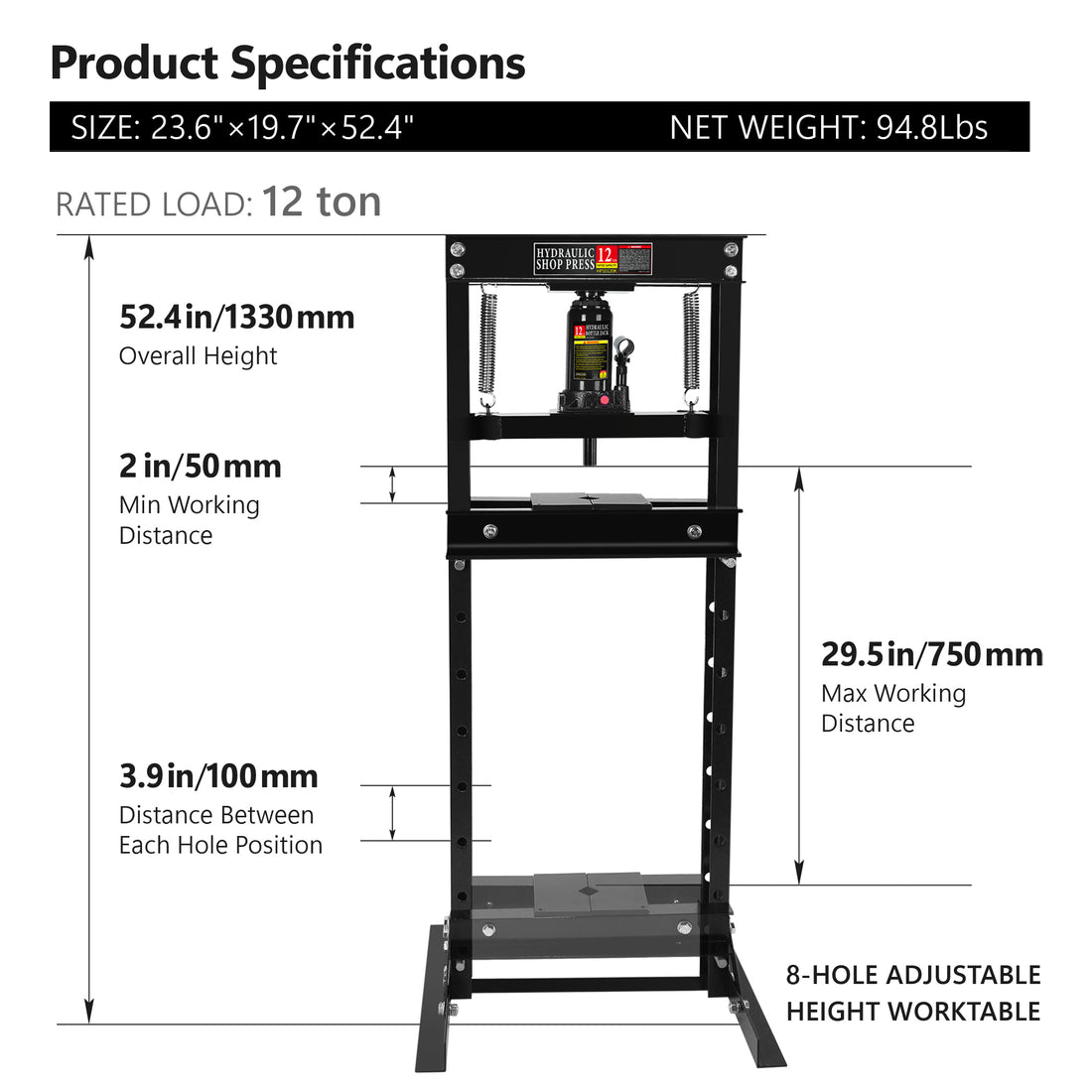Hydraulic 12 Ton H Frame Garage Floor Adjustable Shop Press With Plates, 12T, Black Black Steel