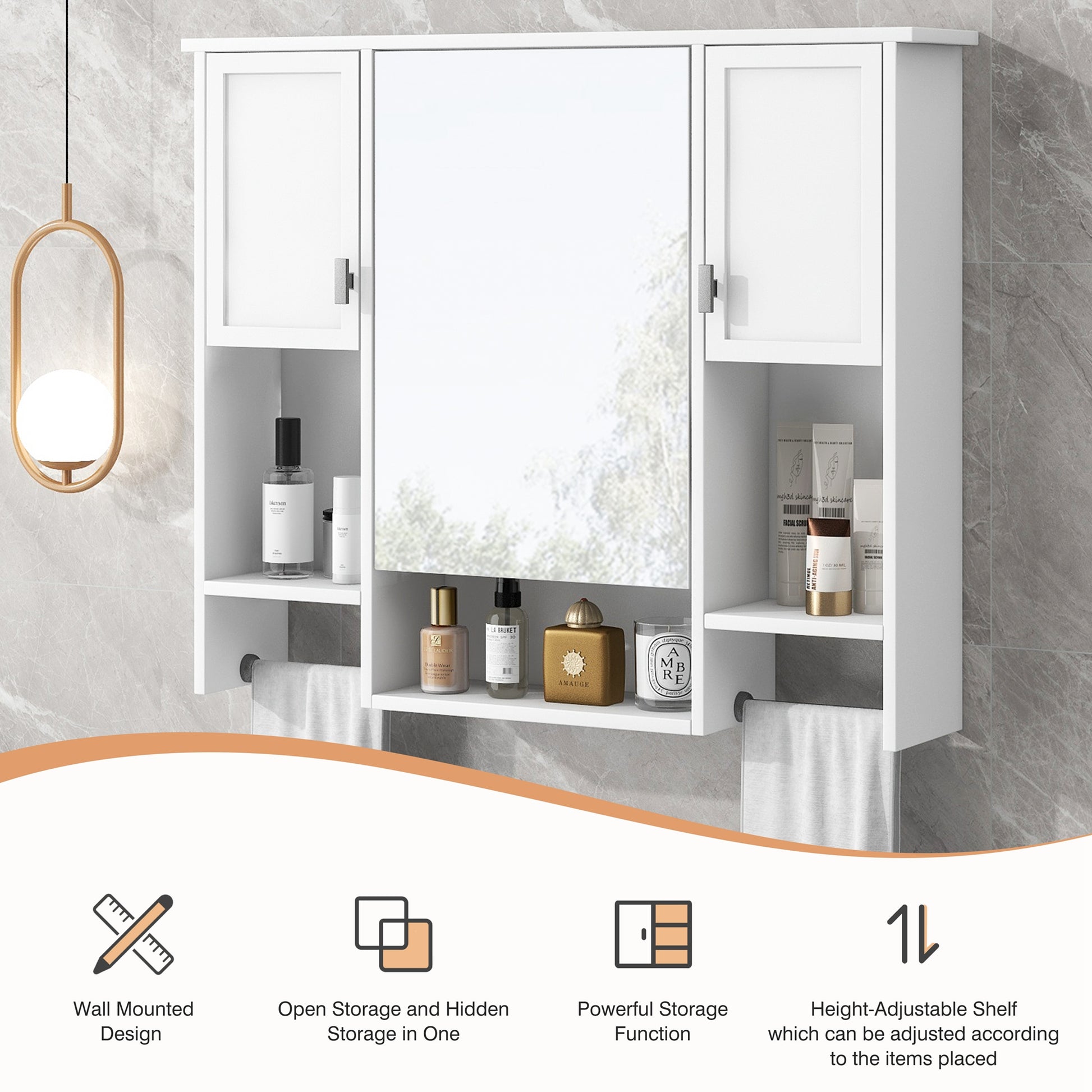35'' X 28'' Modern Wall Mounted Bathroom Storage Cabinet, Bathroom Wall Cabinet With Mirror, Medicine Cabinet With Towels Bar White 3 5 Mirror Included Bathroom Wall Mounted Mdf Painted