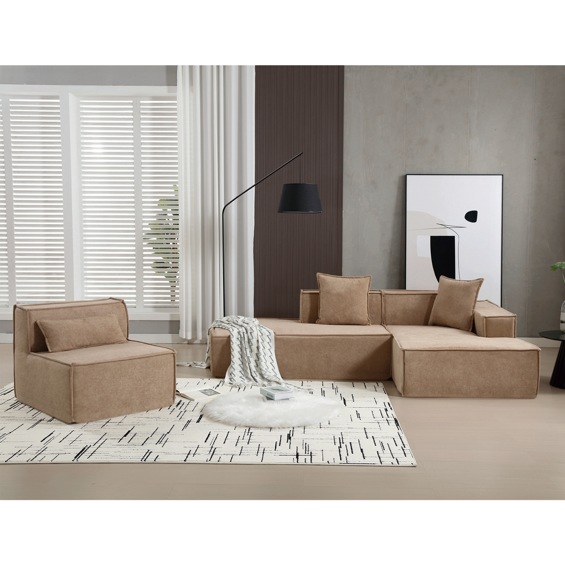 Modular Combination Sofa Set, Modern Minimalist Sofa, Free Installation Sofa, L Shaped, Italian Minimalist Tofu Block Sofa, Right Hand Facing,Terrycloth Fabric,Light Brown Light Brown Polyester Primary Living Space Soft Modern Polyester 3 Seat