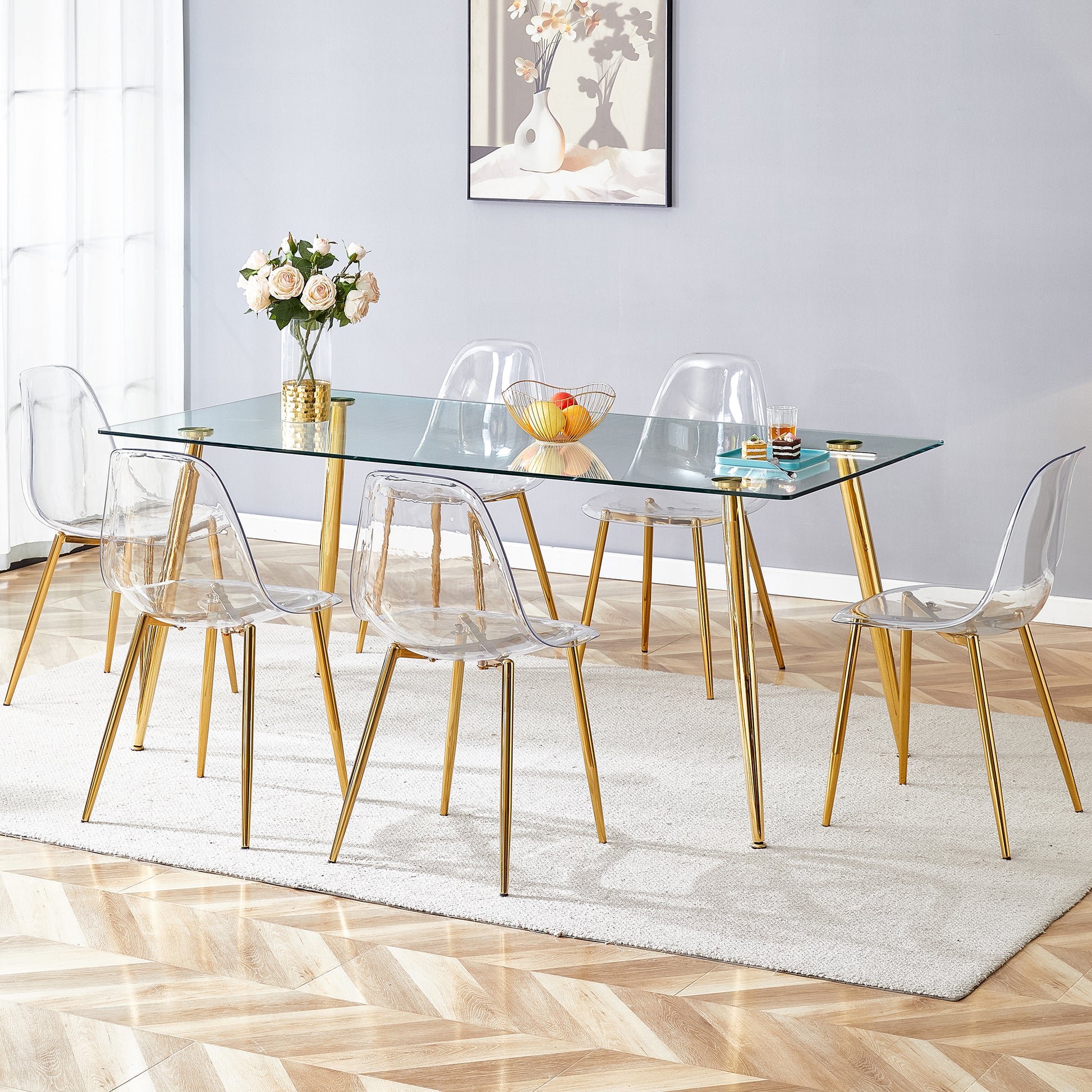 Table And Chair Set.Modern Rectangular Glass Dining Table With Tempered Glass Countertop And Golden Metal Legs, Paired With Multiple Transparent High Quality Pet Dining Chairs With Golden Legs. Gold Seats 6 Tempered Glass