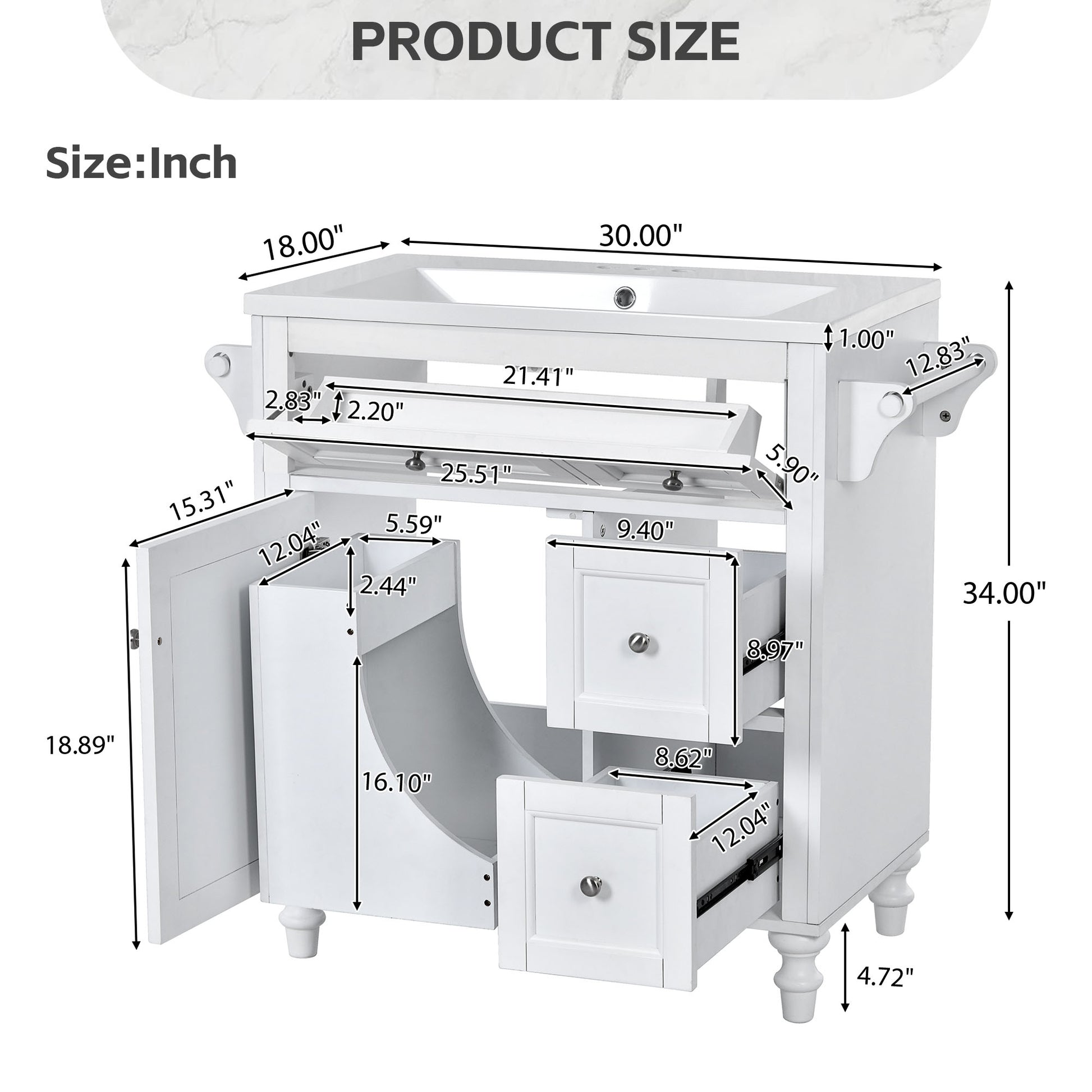 30'' Bathroom Vanity With Top Sink, Modern Bathroom Storage Cabinet With 2 Drawers And A Tip Out Drawer, Single Sink Bathroom Vanity Same As Sw000143Aak White Bathroom Modern Solid Wood Mdf Resin