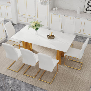 Table And Chair Set.The Table Has A Glass Tabletop With Imitation Marble Pattern Stickers And Stainless Steel Golden Table Legs. Paried With Comfortable Chairs With Pu Seats And Metal Legs. White Gold Seats 8 Glass Metal