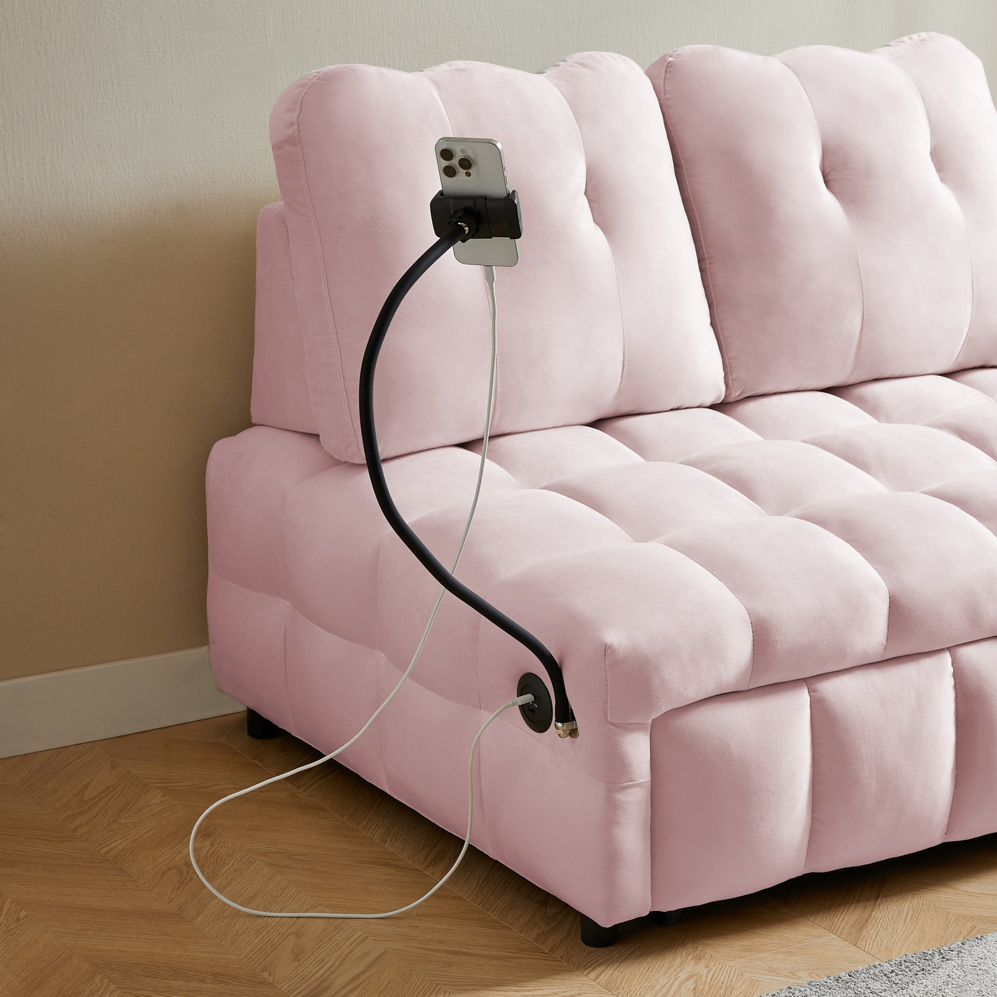 Modern Sofa Velvet Pull Out Bed,Independently Removable Backrest, Have Usb Port And Swivel Phone Stand ,Pink Pink Wood Velvet 2 Seat