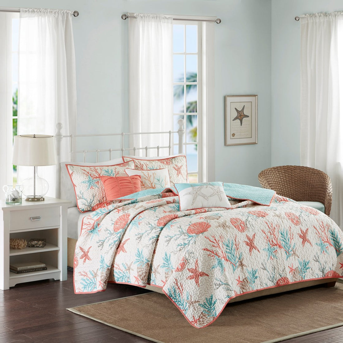 6 Piece Cotton Sateen Quilt Set With Throw Pillows Coral Full Queen Full Coral Cotton