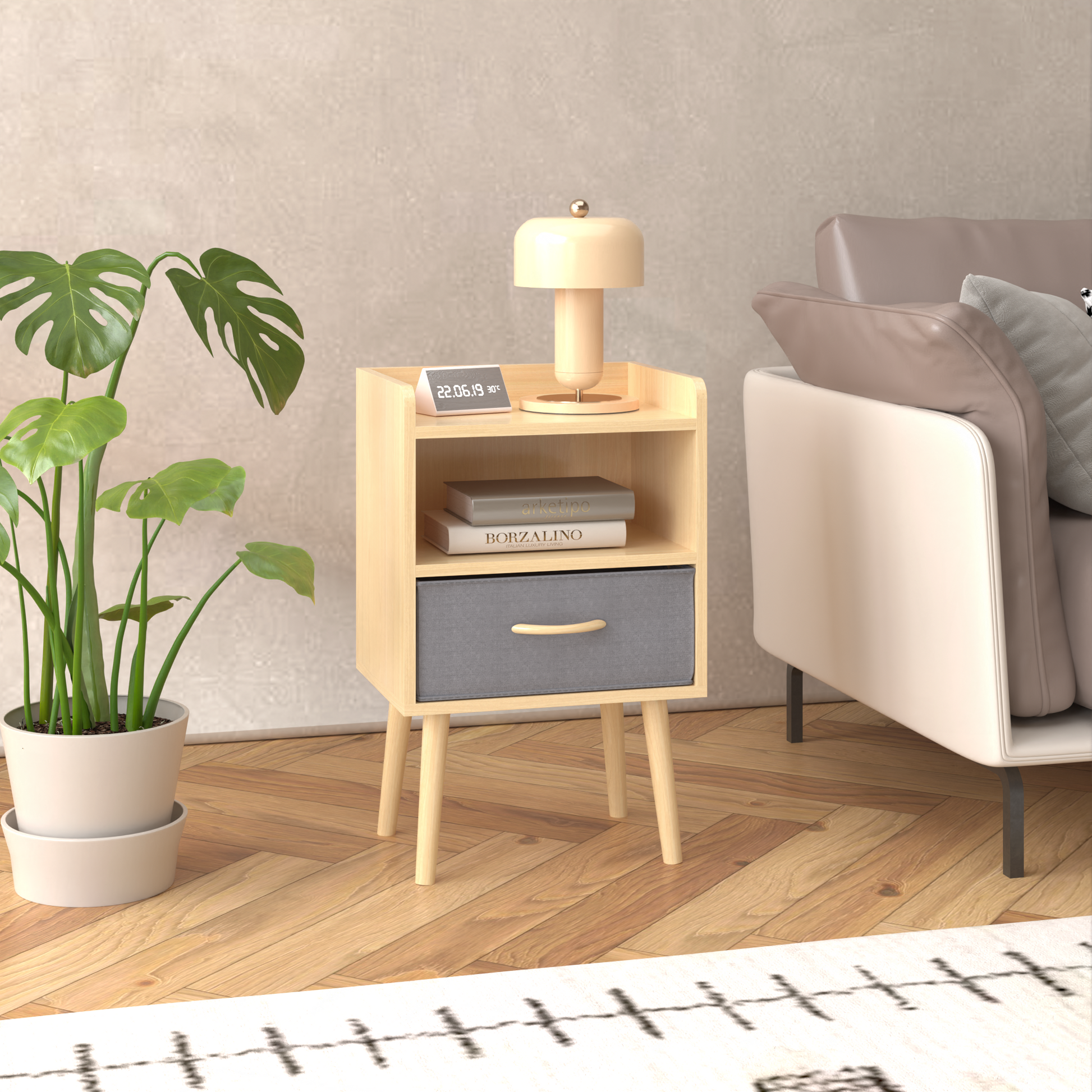 2Pc Nightstand With Collapsible Fabric Drawer, 2 Tier Storage End Table, Wood Side Table With Storage Cabinet For Bedroom, Living Room Oak Oak Engineered Wood