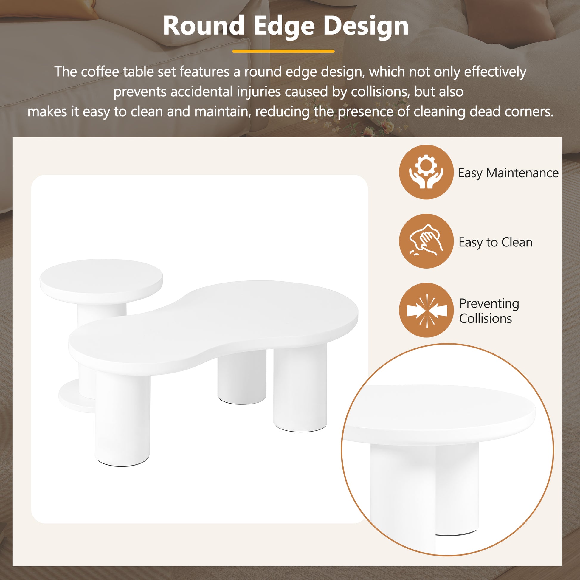 Easy Assembly Nesting Coffee Table Set Of 2, Cream Style Cloud Coffee Table With Round Small Side Table, Irregular Center Table With Thick Legs For Living Room, White, 39.3''X 13.7'', 15.7'' White