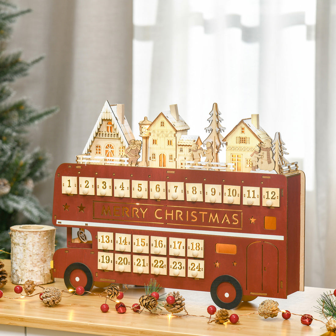 Homcom Christmas Advent Calendar, Light Up Table Xmas Wooden Bus Holiday Decoration With Countdown Drawer, Santa Claus Street House, For Kids And Adults Red Plywood