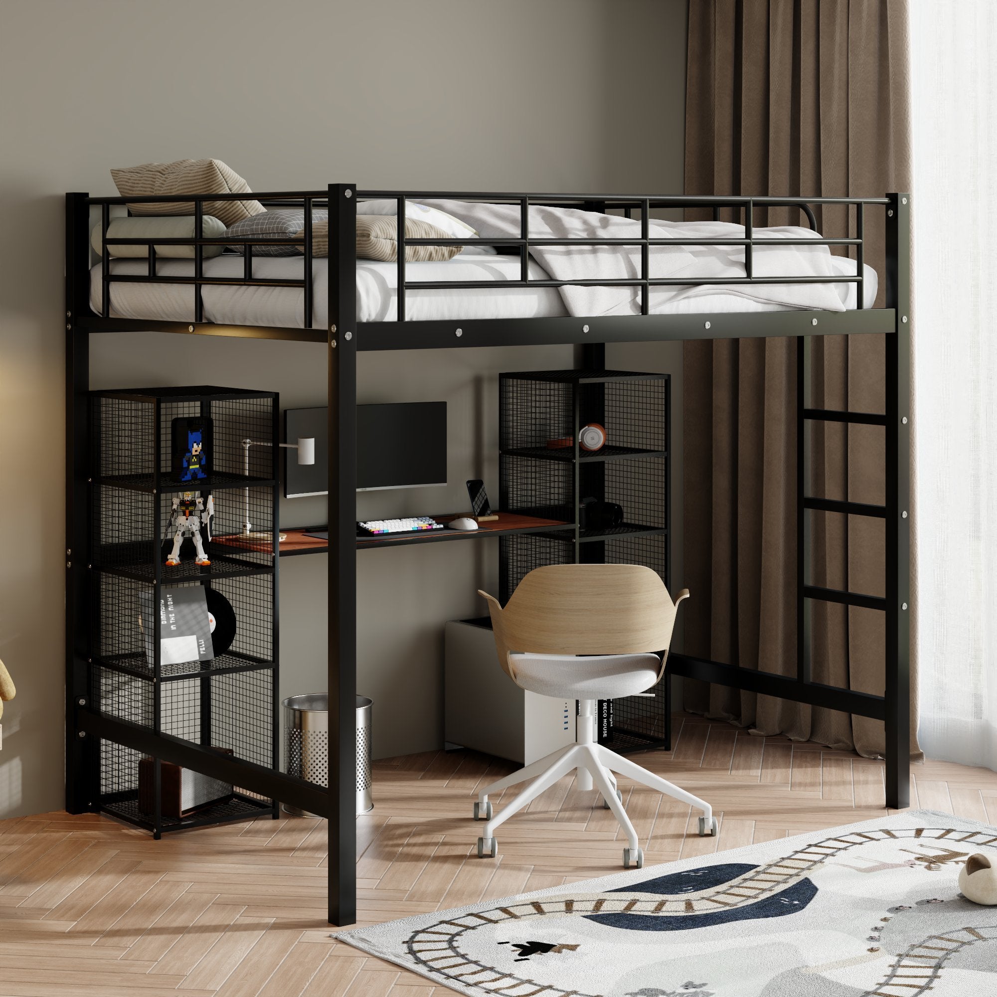Full Size Metal Loft Bed With Built In Desk And Shelves, Black Brown Box Spring Not Required Full Black Brown Metal Bedroom Mdf Metal