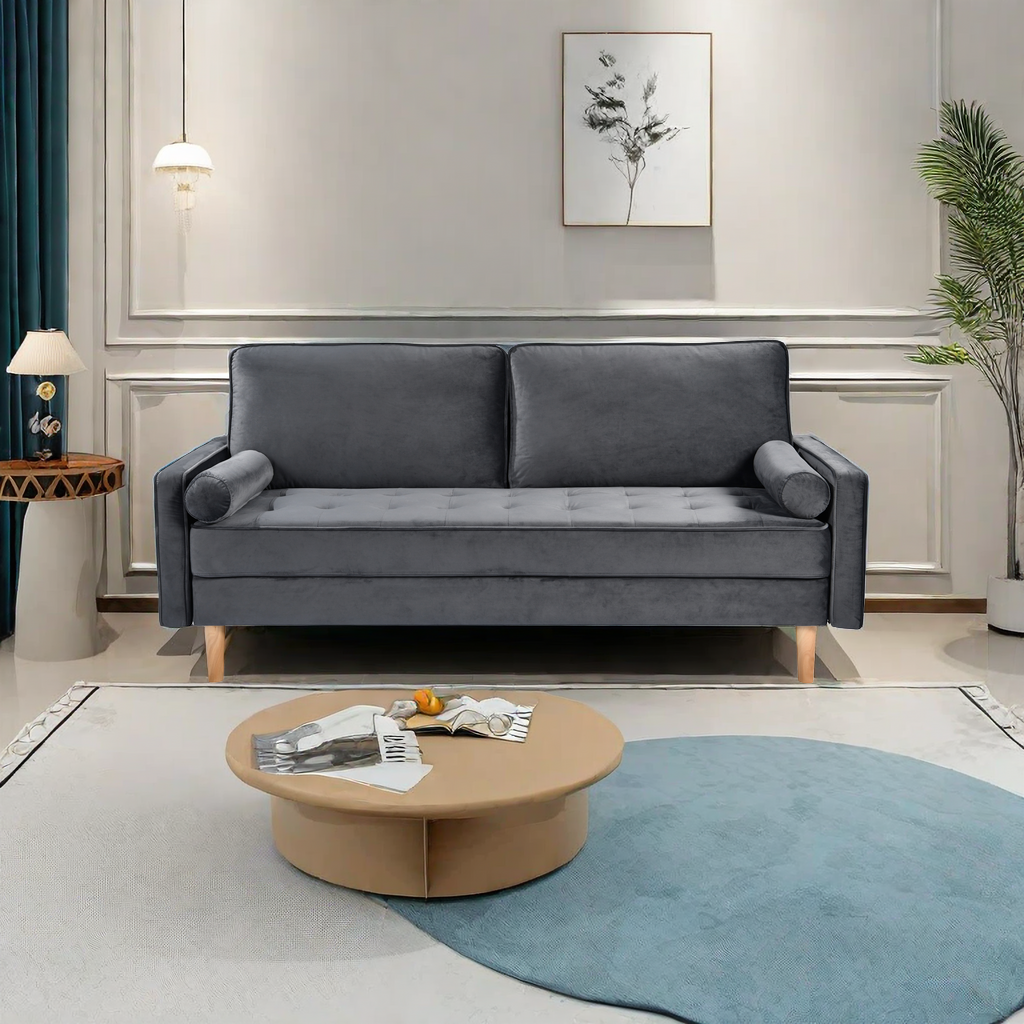 Sofa Simple Small House Double Three Person Straight Row American Retro Green Velvet Furniture Fabric Sofa Small Living Room Bedroom Office Grey Solid Wood 3 Seat