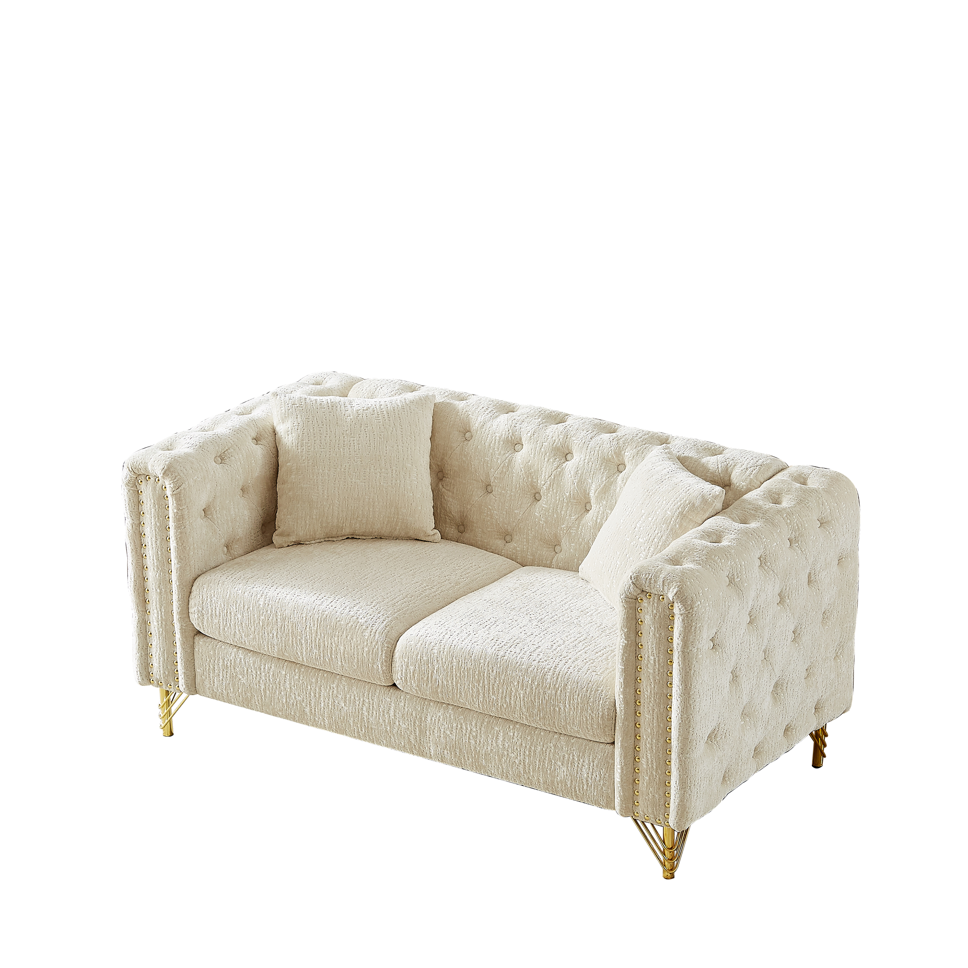 60 Inch Chenille Pull Buckle Design Sofa For Living Room,Buttons Tufted With Copper Nail Decoration Armrest, Modern Couch Upholstered Button And Metal Legs Beige Foam Chenille 2 Seat